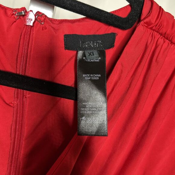H:ours Dress Mini Red Color Draped Waist Cutout Ruched Long Sleeves Ariya Sz XL - Picture 4 of 11